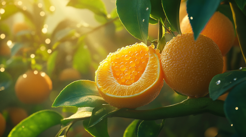 Image générée par IA d'un agrume (L'orange Caviar ou Erémorange), coupé en deux et posée sur des feuilles vertes. La lumière arrive par le coin en haut à gauche de l'image.